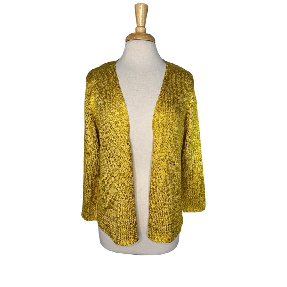 JOAN VASS Mustard Yellow Open Weave Cardigan Sweater Size XL Womens Textured